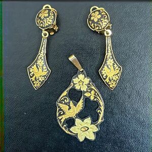 Vintage Damascene Clip On Drop Earrings & Matching Floral Bird Pendent